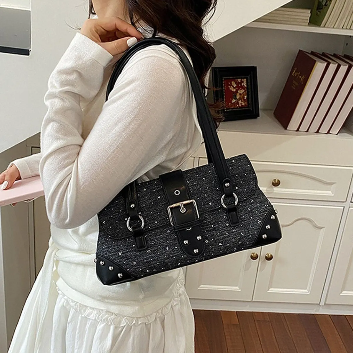 Studded Shoulder Bag with Buckle Detail