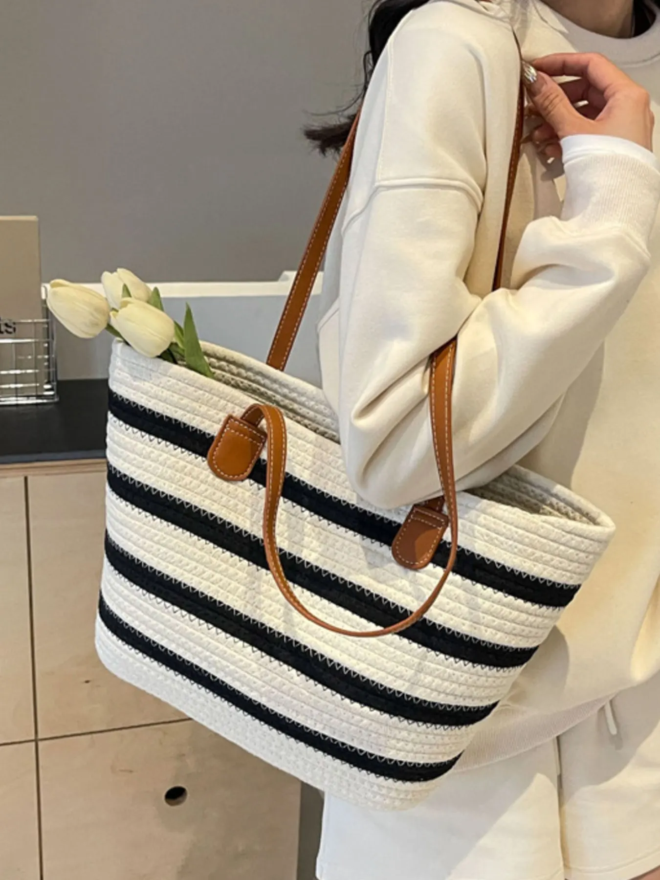 Striped Straw Tote Bag