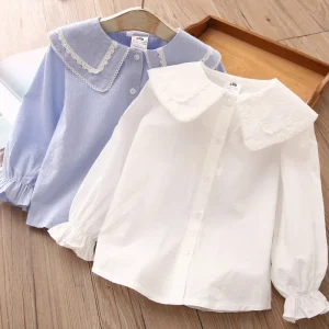 2025 New Spring Autumn 2 3 4 6 8 10 Years Children Clothing Turn-Down Neck Cotton Tops Kids Baby Girls Long Sleeve Blouse Shirt