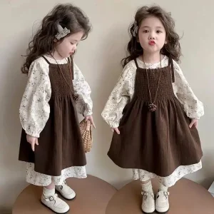 Girls Casual Dresses Early Fall Girls' Floral Dress Set Korean Style Jumper + Top Trendy Toddler Sundress with Ruffle Sleeves