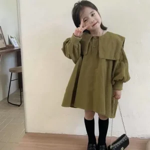 Autumn and Winter Puff Sleeves Golilla Thicken Pure Color Corduroy Princess Dress Kids Clothes Kids Dresses for Girls