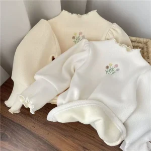 2025 Autumn Winter Girls Bottoming Shirt Flower Embroidery Puff Sleeve Kids Baby Warm Thickening T-shirts Children Casual Tops