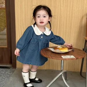 Q2495 Korean Style Spring Autumn Baby Dress Cute Loose Lapel Long Sleeve Soft Denim Dress Doll Collar One Piece Baby Outfit